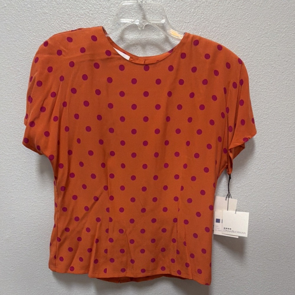 Dana Buchman Washed Silk‎ Orange/Fuchsia Polka Dot blouse. Y2K
